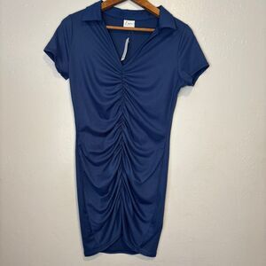 Livi by Olivia Rae Blue Short Sleeve Collared Ruched Midi Dress Womens NWT Large
